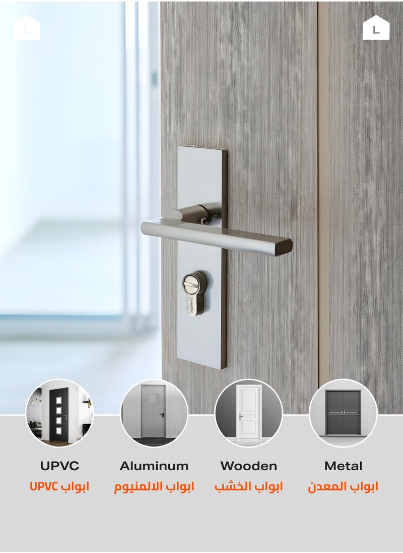 LAWAZIM Thumbturn Cylinder Lock with Handle Set of 3 - 60mm, Matte Silver - Steel Keyless and Latch Operation for Interior Doors, Bathrooms, Wooden, Metal Doors with Anti-Snap, Anti-Pick, Anti-Drill  - Image 5