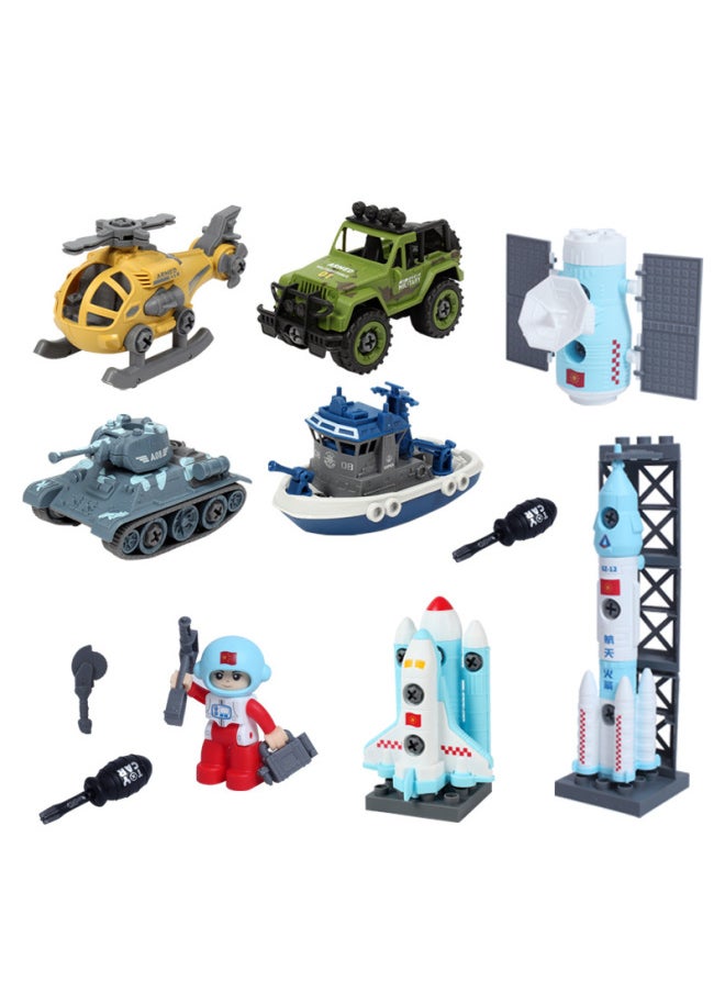 null - Children's Detachable Assembly Engineering Car Boy's Hands-on Ability Puzzle Excavator Screwdriver Disassembly And Assembly Suit Toy-Color:(4 Disassembly, Sea, Land And Air + Aerospace Series) + 2 Screwdrivers - Image 1