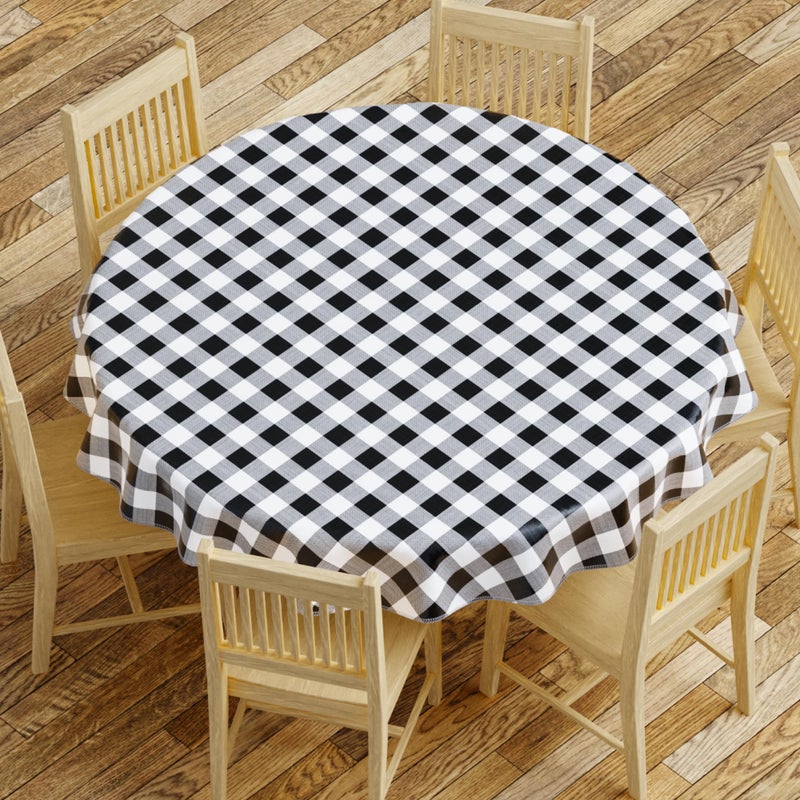 Sorfey Tablecloth  Vinyl with Flannel Back 70 Round Water Proof Easy to Clean Checked Black Design