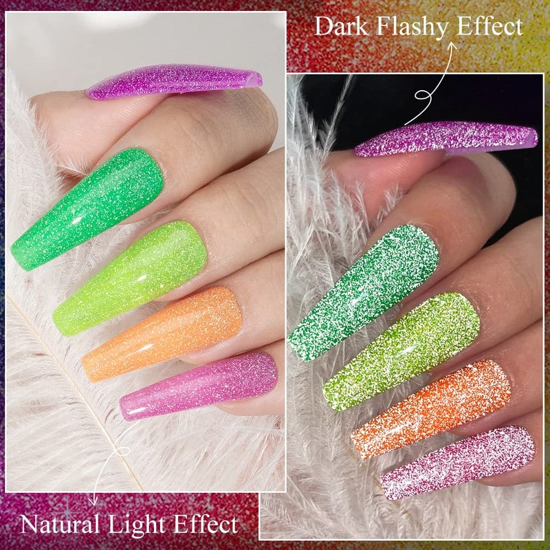 MIZHSE Neon Reflective Gel Polish Set,Sparkly Shiny Disco Shimmer Nail Polish Gel Kit Fluorescent Bright UV LED Soak Off Glitter Nail Gel Polish for DIY Nail Art Salon - Image 3