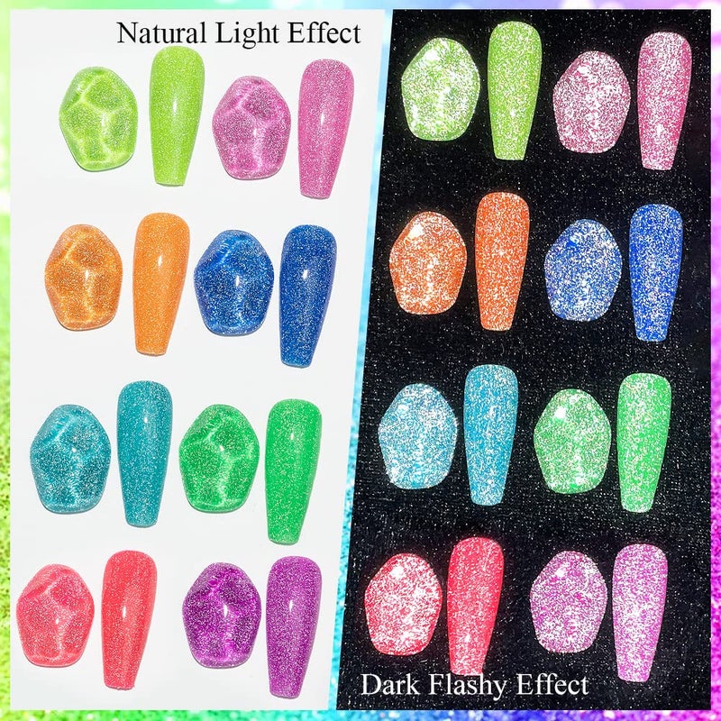 MIZHSE Neon Reflective Gel Polish Set,Sparkly Shiny Disco Shimmer Nail Polish Gel Kit Fluorescent Bright UV LED Soak Off Glitter Nail Gel Polish for DIY Nail Art Salon - Image 4