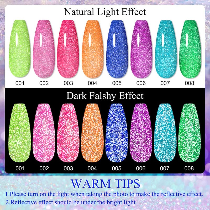 MIZHSE Neon Reflective Gel Polish Set,Sparkly Shiny Disco Shimmer Nail Polish Gel Kit Fluorescent Bright UV LED Soak Off Glitter Nail Gel Polish for DIY Nail Art Salon - Image 2