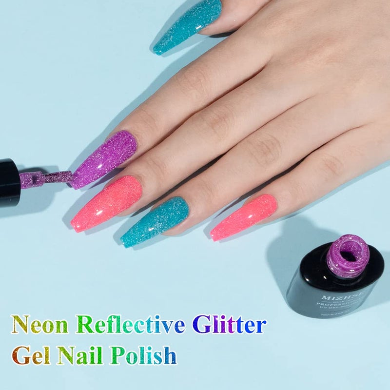MIZHSE Neon Reflective Gel Polish Set,Sparkly Shiny Disco Shimmer Nail Polish Gel Kit Fluorescent Bright UV LED Soak Off Glitter Nail Gel Polish for DIY Nail Art Salon - Image 5