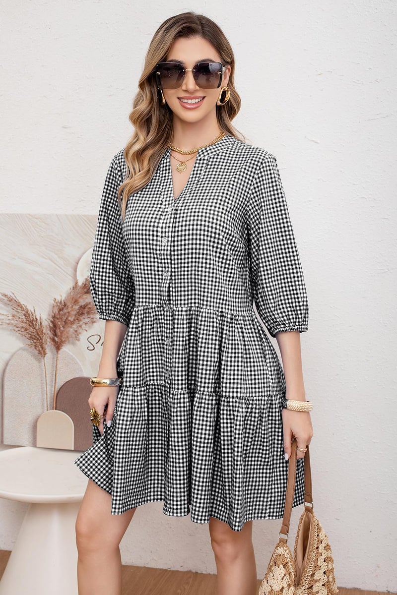utcoco Women's 2025 Spring Summer Plaid Shirt Dress 3/4 Puff Sleeve Button Down Loose Casual Midi Dress with Pockets (Medium, Black) - Image 5