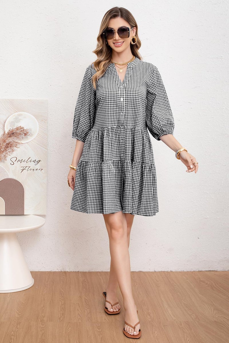 utcoco Women's 2025 Spring Summer Plaid Shirt Dress 3/4 Puff Sleeve Button Down Loose Casual Midi Dress with Pockets (Medium, Black) - Image 4