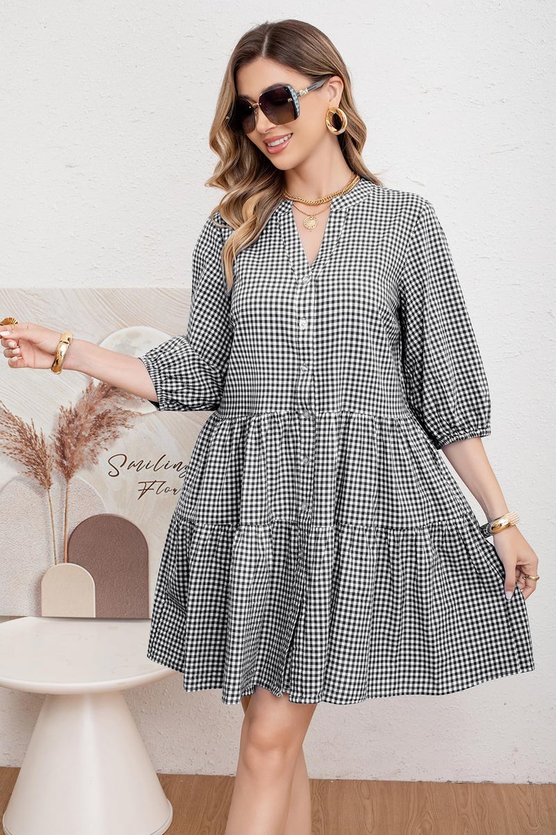 utcoco Women's 2025 Spring Summer Plaid Shirt Dress 3/4 Puff Sleeve Button Down Loose Casual Midi Dress with Pockets (Medium, Black) - Image 2
