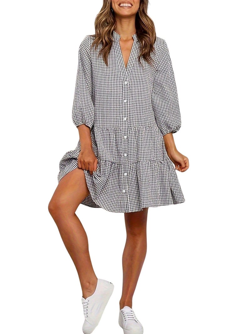 utcoco Women's 2025 Spring Summer Plaid Shirt Dress 3/4 Puff Sleeve Button Down Loose Casual Midi Dress with Pockets (Medium, Black) - Image 1
