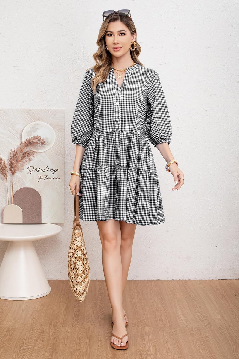 utcoco Women's 2025 Spring Summer Plaid Shirt Dress 3/4 Puff Sleeve Button Down Loose Casual Midi Dress with Pockets (Medium, Black) - Image 3