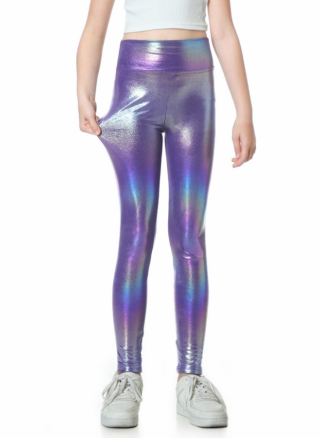 Gnainach Holographic Leggings Girls 5-6 Years Old Sparkly Purple Stretchy Durable Active Pants Cute Clothes for Kids Dance Running - Image 3