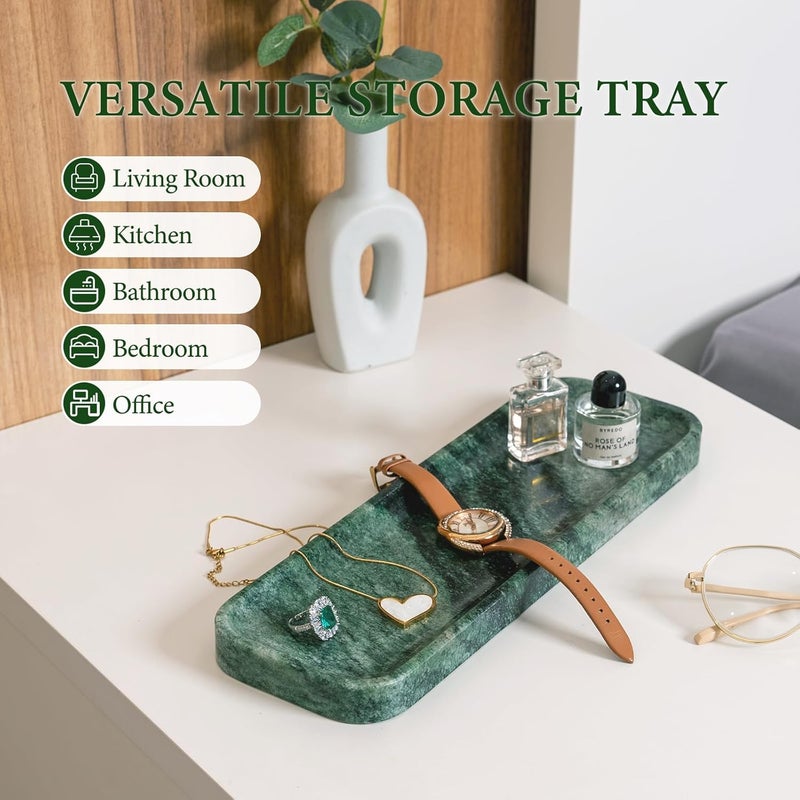 Koville Marble Tray for Bathroom Sink, 12"x4" Natural Stone Vanity Tray for Kitchen Dresser Countertop, Rectangular Decorative Marble Tray for Jewelry Perfume Trinket(Green) - Image 3