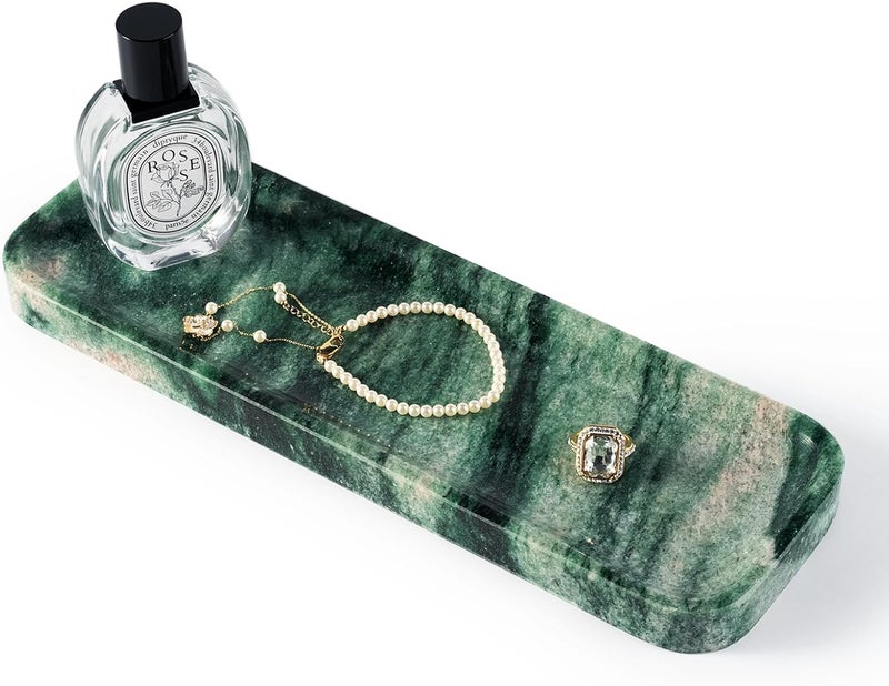 Koville Marble Tray for Bathroom Sink, 12"x4" Natural Stone Vanity Tray for Kitchen Dresser Countertop, Rectangular Decorative Marble Tray for Jewelry Perfume Trinket(Green) - Image 1