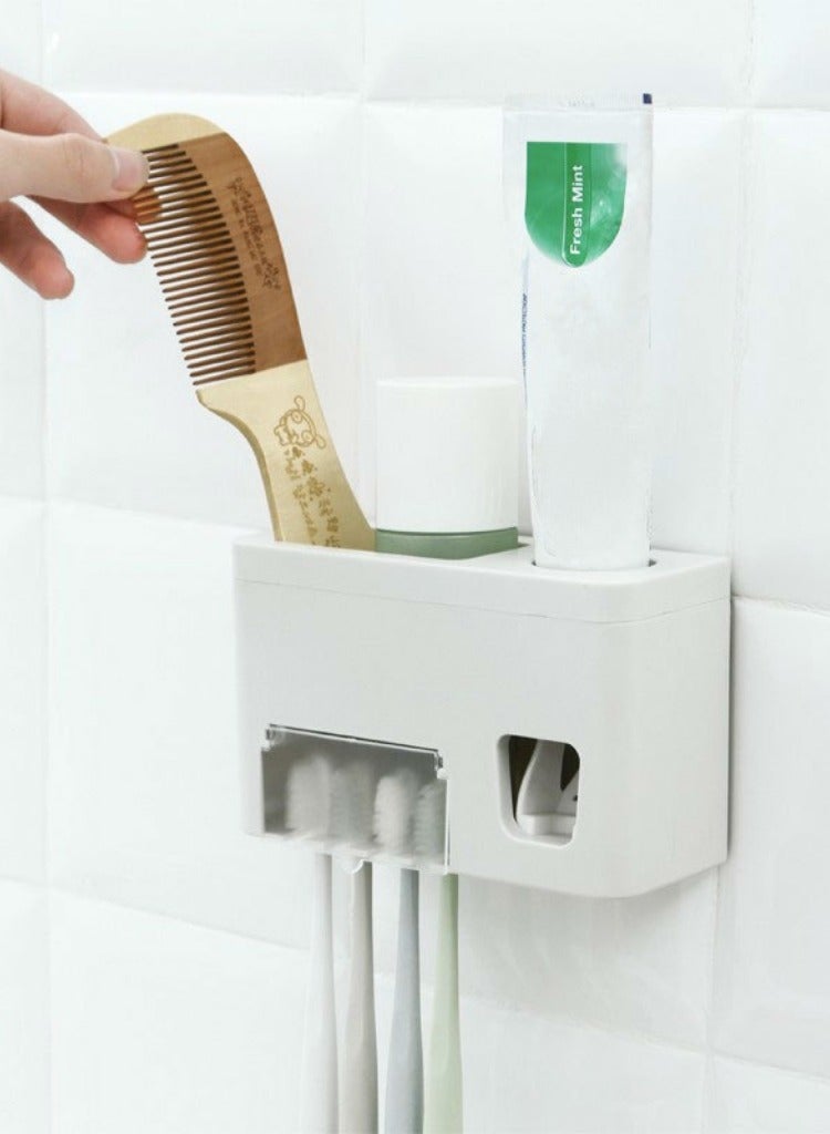 Toothpaste Dispenser Toothbrush Holder Set, Toothpaste Squeezer Tooth Brush Holder Set Holder with Anti-dust Cover, 3-in-1 Wall Mounted Holders with 1 Storage Grids Bathroom Accessories  - Image 1