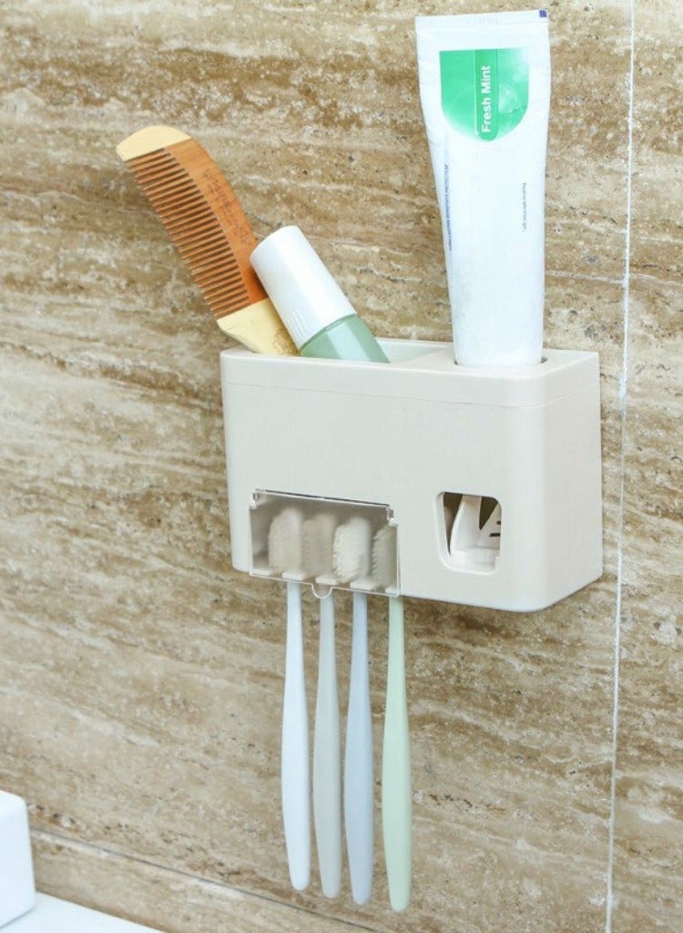 Toothpaste Dispenser Toothbrush Holder Set, Toothpaste Squeezer Tooth Brush Holder Set Holder with Anti-dust Cover, 3-in-1 Wall Mounted Holders with 1 Storage Grids Bathroom Accessories  - Image 2
