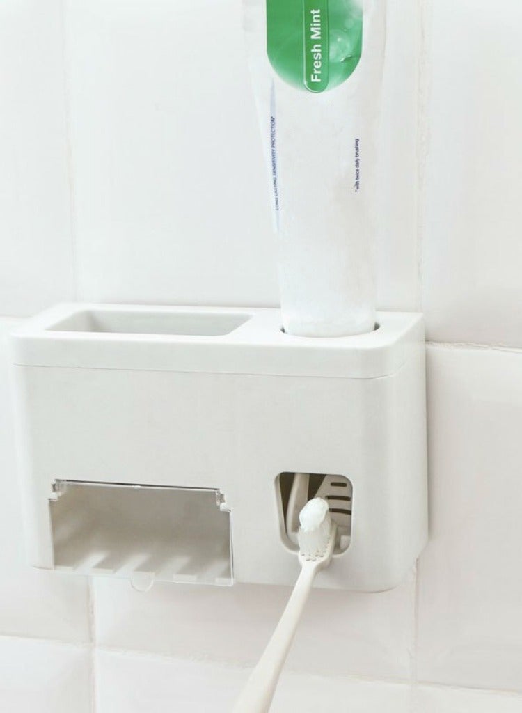 Toothpaste Dispenser Toothbrush Holder Set, Toothpaste Squeezer Tooth Brush Holder Set Holder with Anti-dust Cover, 3-in-1 Wall Mounted Holders with 1 Storage Grids Bathroom Accessories  - Image 3