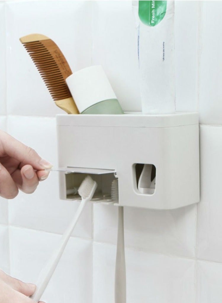 Toothpaste Dispenser Toothbrush Holder Set, Toothpaste Squeezer Tooth Brush Holder Set Holder with Anti-dust Cover, 3-in-1 Wall Mounted Holders with 1 Storage Grids Bathroom Accessories  - Image 4