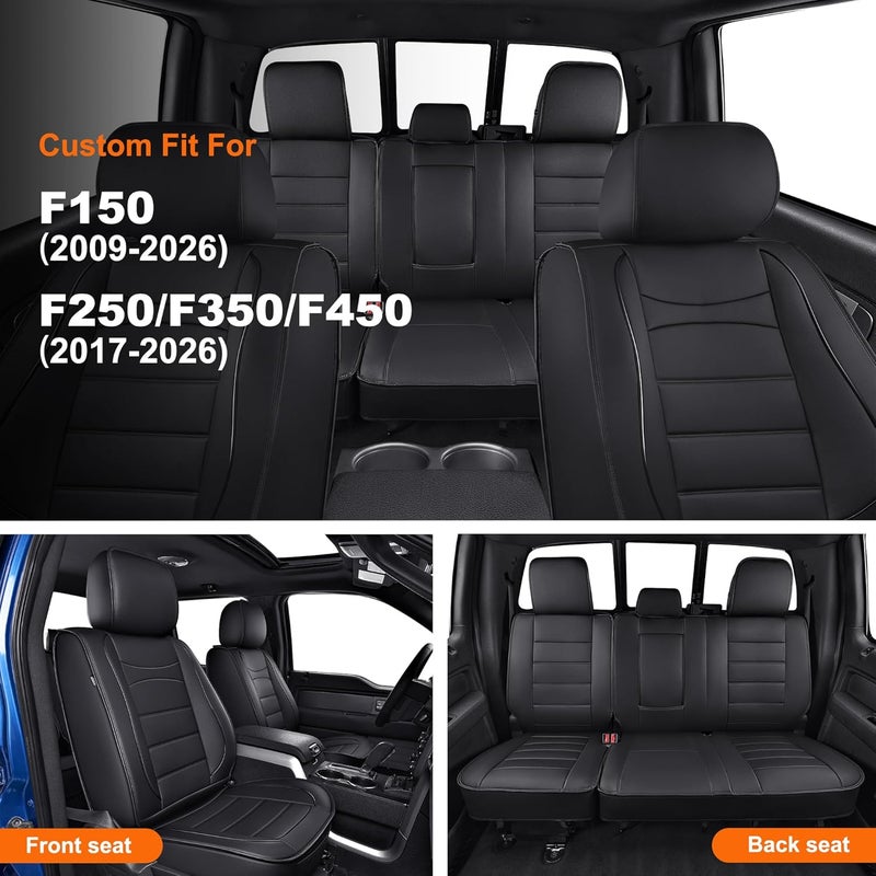 IKABEVEM Custom Fit Seat Covers for Ford F150, F250, F350, F450 (2009-2025) - Full Set, Black Faux Leather - Image 2