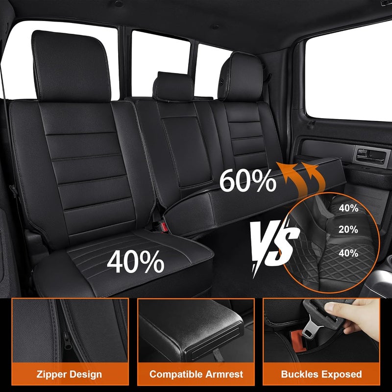 IKABEVEM Custom Fit Seat Covers for Ford F150, F250, F350, F450 (2009-2025) - Full Set, Black Faux Leather - Image 5