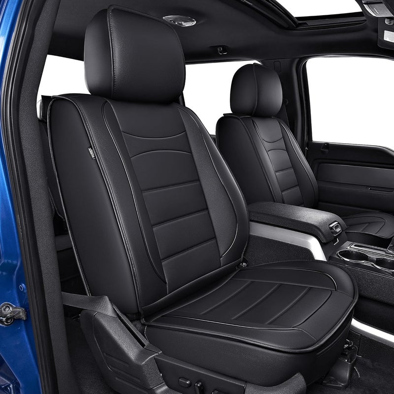 IKABEVEM Custom Fit Seat Covers for Ford F150, F250, F350, F450 (2009-2025) - Full Set, Black Faux Leather - Image 1
