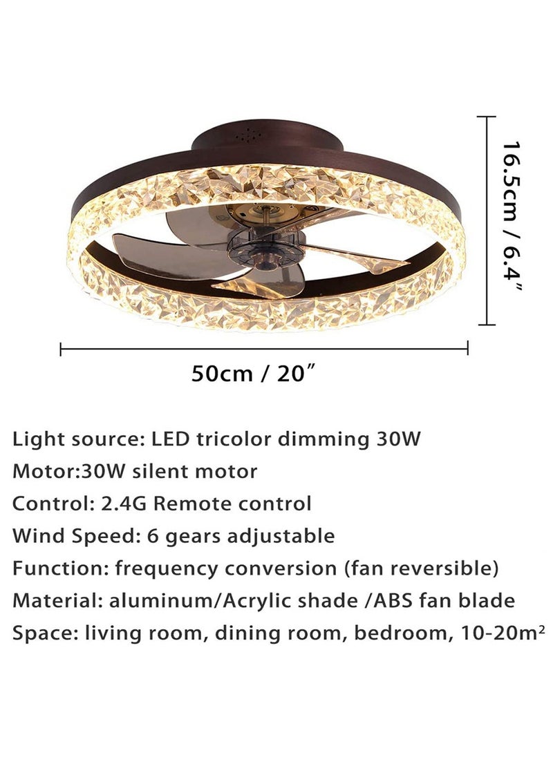 Ceiling Fan with Light, Luxury Crystal Ceiling Light, with Remote Control, 6 Speeds Adjustable, Flush Mount Ceiling Fan 50*16.5 CM for Living Room Bedroom(30W)