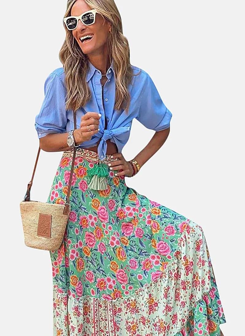 YUNIQEE Green Fit & Flare Printed Maxi Skirt