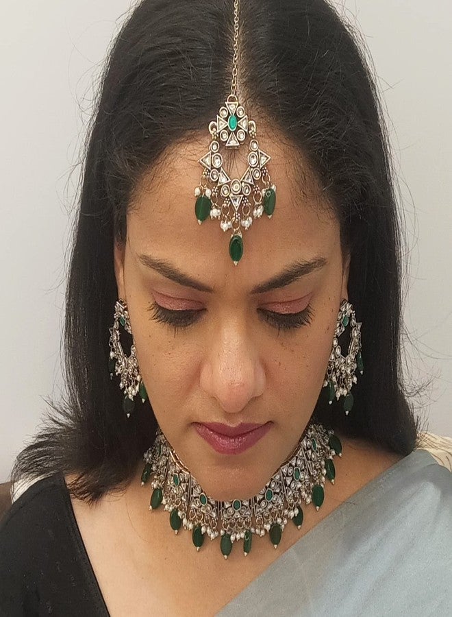 Efulgenz Choker Necklace Earrings and Maangtikka Set Indian Oxidized Jewelry Antique Boho Faux Kundan Pearl Crystal Stone Necklace Manngtikka with Dangle Round Earrings Bohemian Jewelry Set for - Image 4