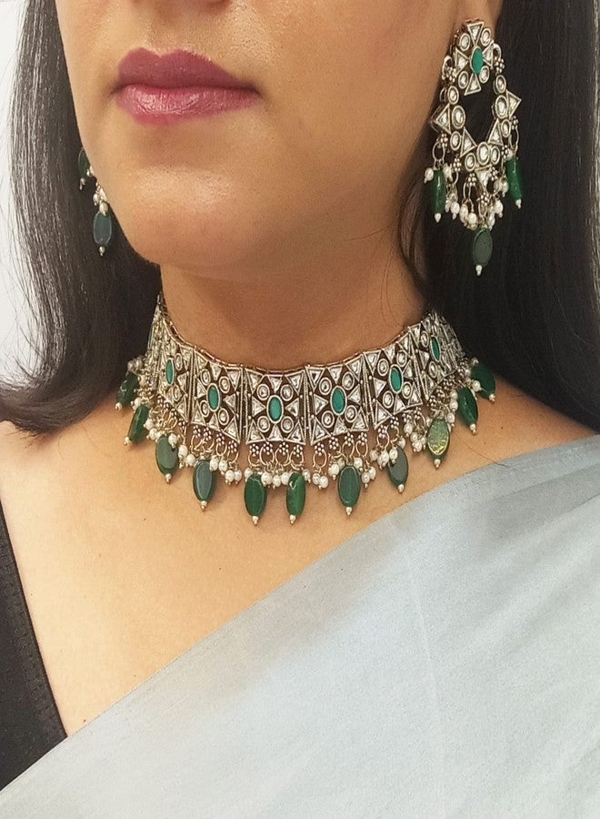 Efulgenz Choker Necklace Earrings and Maangtikka Set Indian Oxidized Jewelry Antique Boho Faux Kundan Pearl Crystal Stone Necklace Manngtikka with Dangle Round Earrings Bohemian Jewelry Set for - Image 3