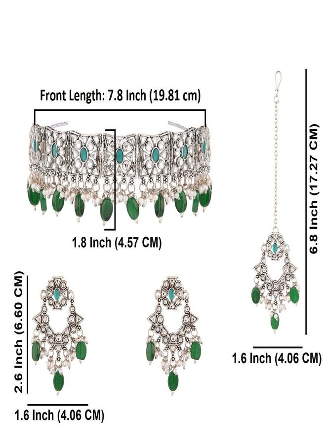 Efulgenz Choker Necklace Earrings and Maangtikka Set Indian Oxidized Jewelry Antique Boho Faux Kundan Pearl Crystal Stone Necklace Manngtikka with Dangle Round Earrings Bohemian Jewelry Set for - Image 5