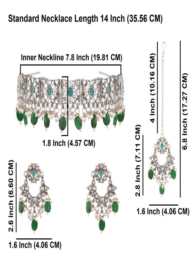 Efulgenz Choker Necklace Earrings and Maangtikka Set Indian Oxidized Jewelry Antique Boho Faux Kundan Pearl Crystal Stone Necklace Manngtikka with Dangle Round Earrings Bohemian Jewelry Set for - Image 2