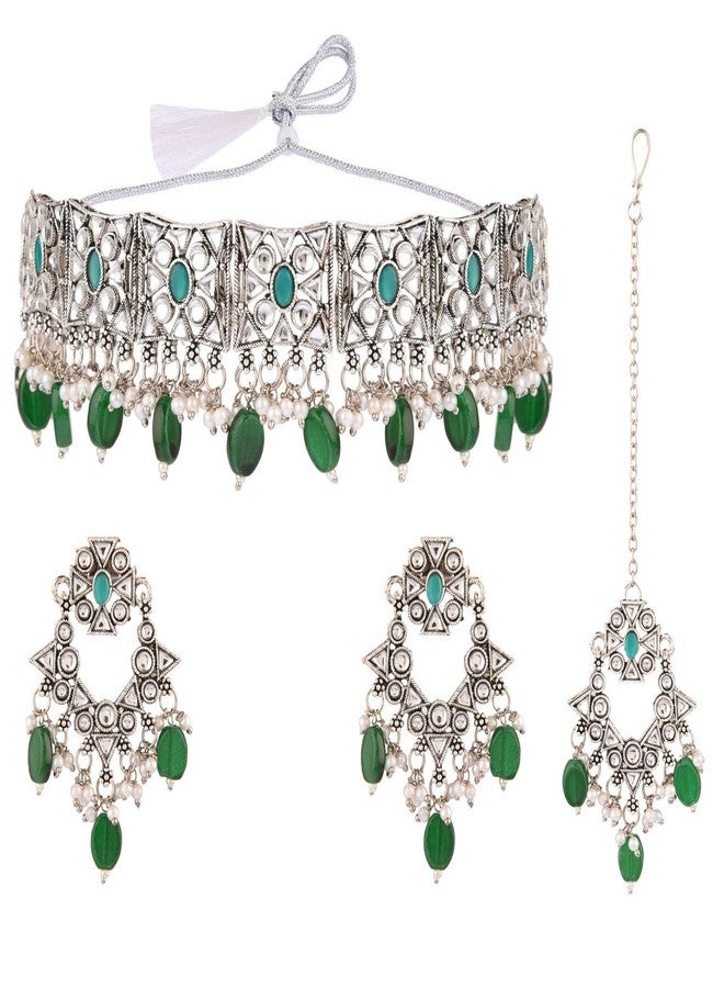 Efulgenz Choker Necklace Earrings and Maangtikka Set Indian Oxidized Jewelry Antique Boho Faux Kundan Pearl Crystal Stone Necklace Manngtikka with Dangle Round Earrings Bohemian Jewelry Set for - Image 1