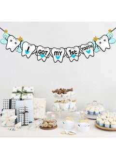 ZYOZIQUE I Got My First Tooth Banner/I Got My First Tooth Decoration/I Got My 1St Tooth Banner Bunting Banner (1 Set) (Baby Boy), White