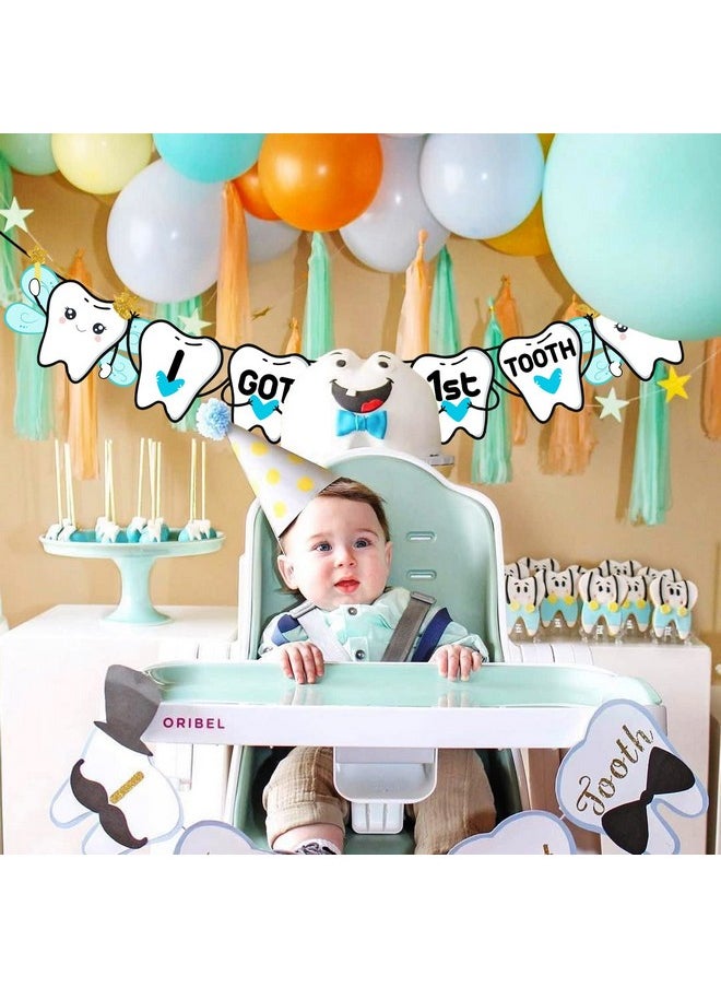 Zyozique - ZYOZIQUE I Got My First Tooth Banner/I Got My First Tooth Decoration/I Got My 1St Tooth Banner Bunting Banner (1 Set) (Baby Boy), White - Image 1