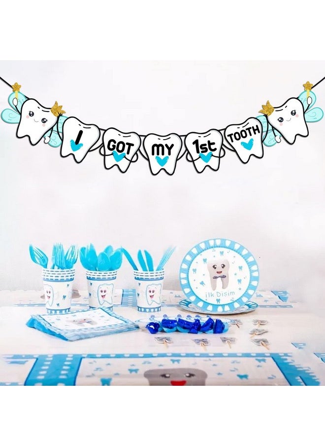Zyozique - ZYOZIQUE I Got My First Tooth Banner/I Got My First Tooth Decoration/I Got My 1St Tooth Banner Bunting Banner (1 Set) (Baby Boy), White - Image 1