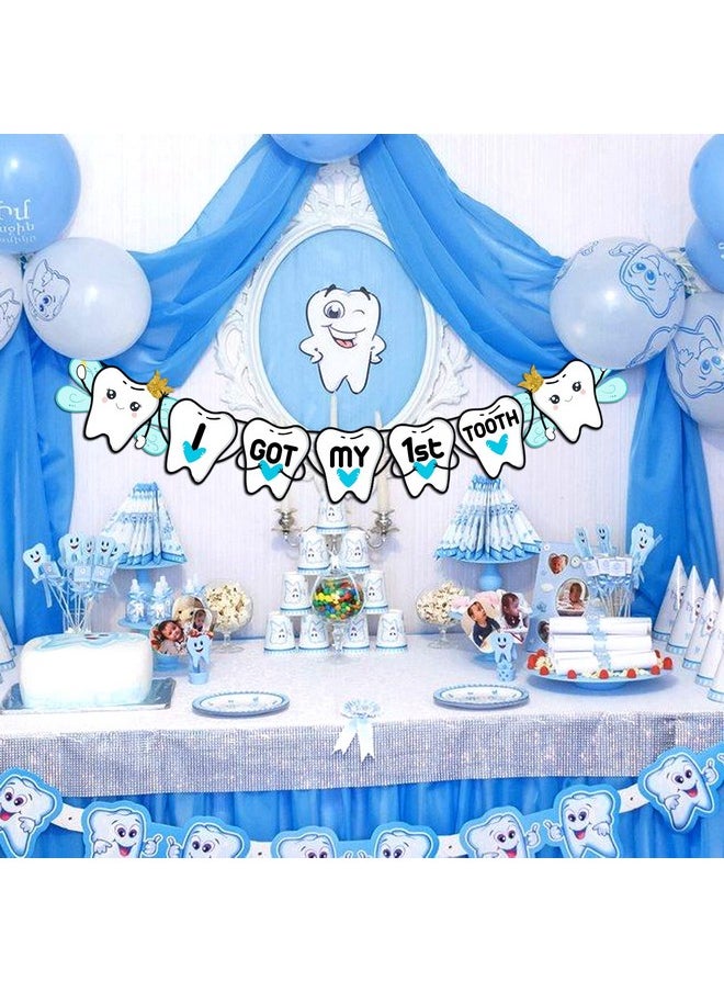 Zyozique - ZYOZIQUE I Got My First Tooth Banner/I Got My First Tooth Decoration/I Got My 1St Tooth Banner Bunting Banner (1 Set) (Baby Boy), White - Image 1