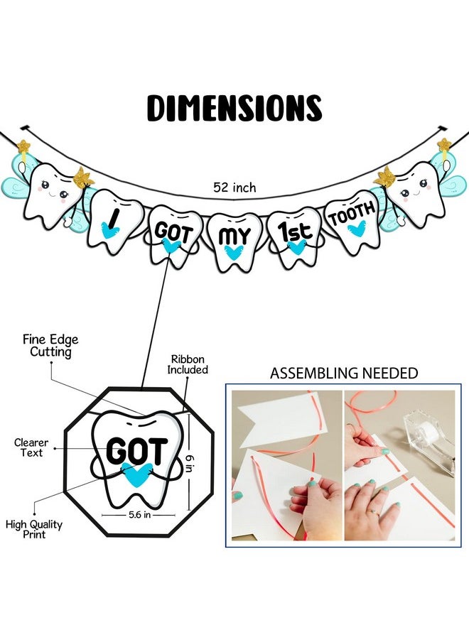 Zyozique - ZYOZIQUE I Got My First Tooth Banner/I Got My First Tooth Decoration/I Got My 1St Tooth Banner Bunting Banner (1 Set) (Baby Boy), White - Image 1