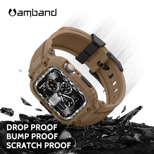 amBand Bands Compatible with Apple Watch 9/8/7 45mm, M1 Sport Series Rugged Case with TPU Strap Military Protective Tough Cover Bumper for iWatch SE3/SE2/SE/6/5/4/3 44mm 42mm Men Desert Tan - Image 3