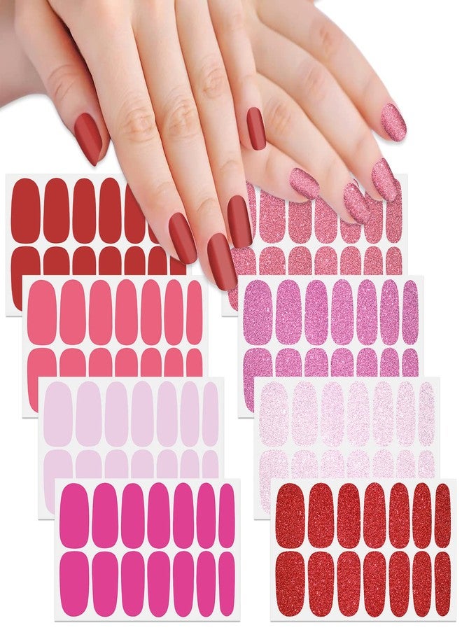 SILPECWEE شرائط أظافر سيلبيكوي 8 أوراق باللون الوردي والأحمر للنساء، شرائط طلاء أظافر لامعة بلون صلب، ملصقات طلاء أظافر ذاتية اللصق، شرائط أظافر جل، أظافر لعمل فن الأظافر مع 1 قطعة من مبرد الأظافر. - Image 1