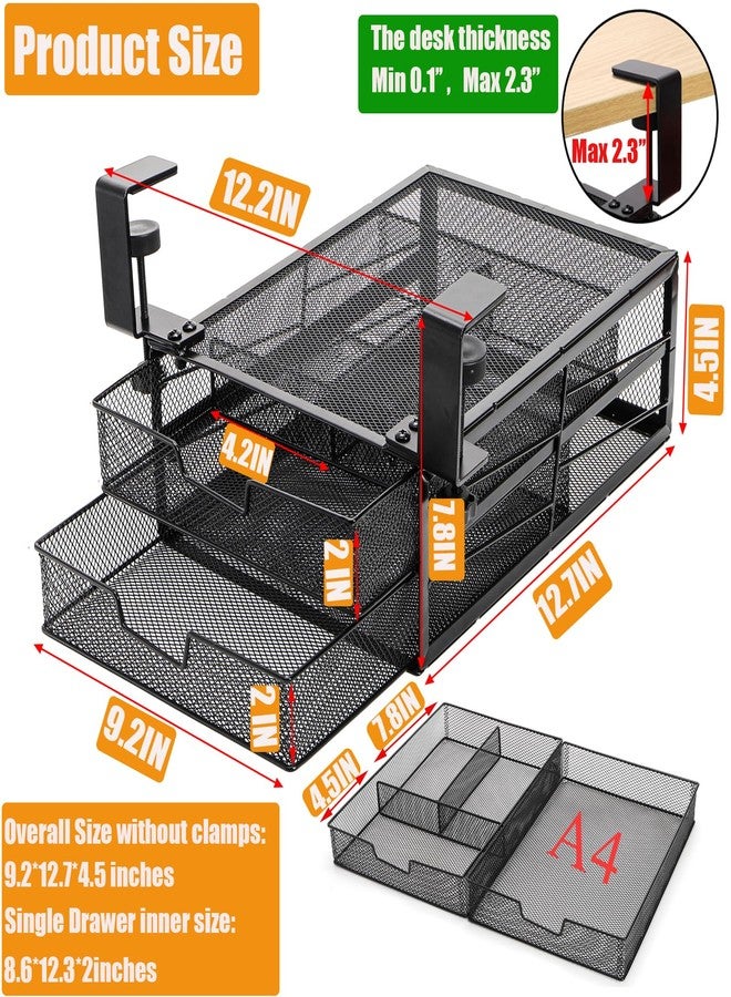 Cedilis Under Desk Drawer Organizer Slide Out, 2-Tier Metal Under Table Storage Drawers Clamp On for Home Office, Black, No Drilling - Image 2