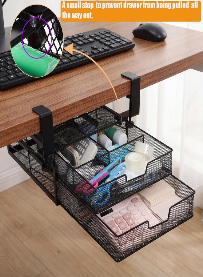 Cedilis Under Desk Drawer Organizer Slide Out, 2-Tier Metal Under Table Storage Drawers Clamp On for Home Office, Black, No Drilling - Image 3