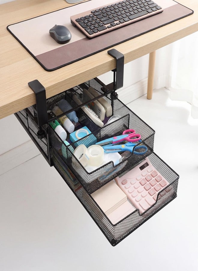 Cedilis Under Desk Drawer Organizer Slide Out, 2-Tier Metal Under Table Storage Drawers Clamp On for Home Office, Black, No Drilling - Image 1