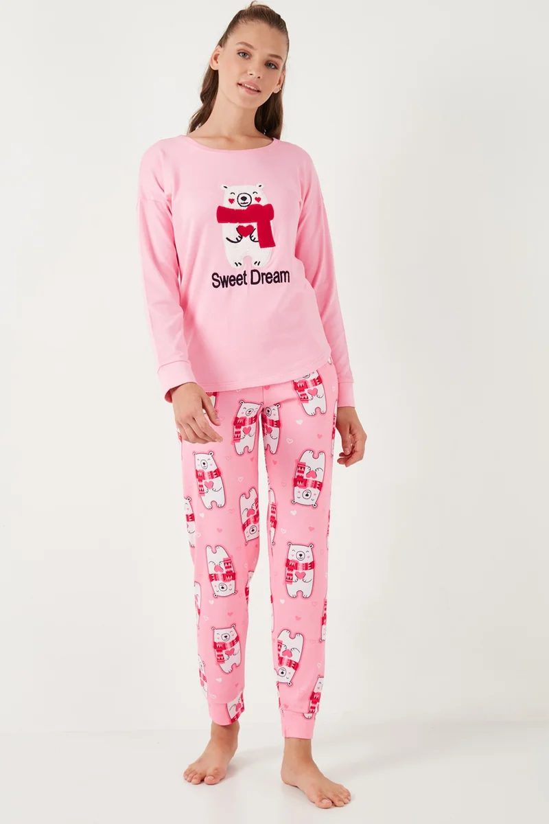 Lela Stretch Standard Fit Crew Neck Patterned Pajama Set Women's Pajama Set 6095700