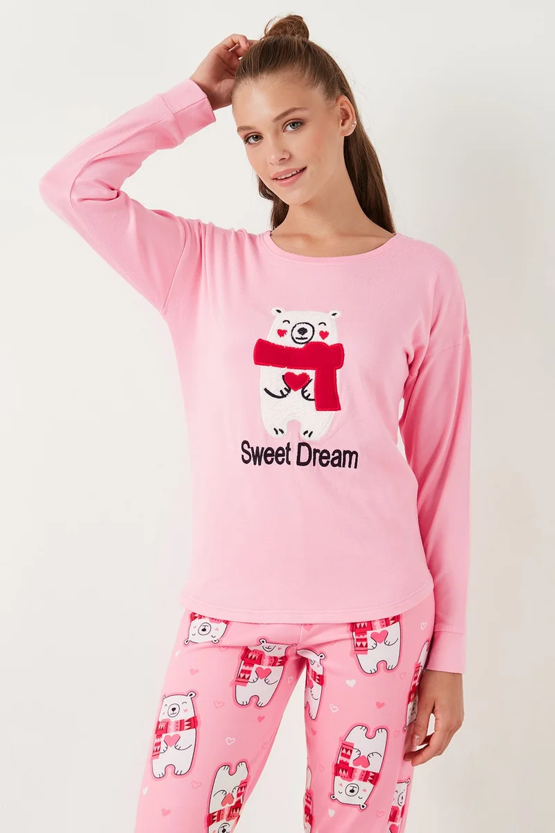 Lela Stretch Standard Fit Crew Neck Patterned Pajama Set Women's Pajama Set 6095700