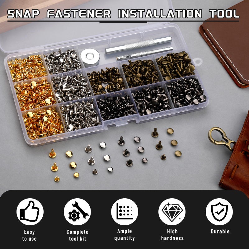 CBHGFEA 540 PCS Leather Rivets, 3 Different Sizes Double Cap Rivets Kit with Leather Rivet Setting Tools, Leathercraft Rivet Kit for DIY and Crafting, Decoration - Image 3
