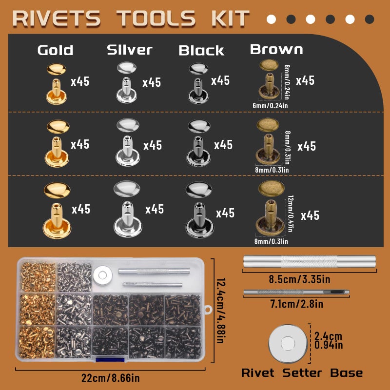 CBHGFEA 540 PCS Leather Rivets, 3 Different Sizes Double Cap Rivets Kit with Leather Rivet Setting Tools, Leathercraft Rivet Kit for DIY and Crafting, Decoration - Image 2