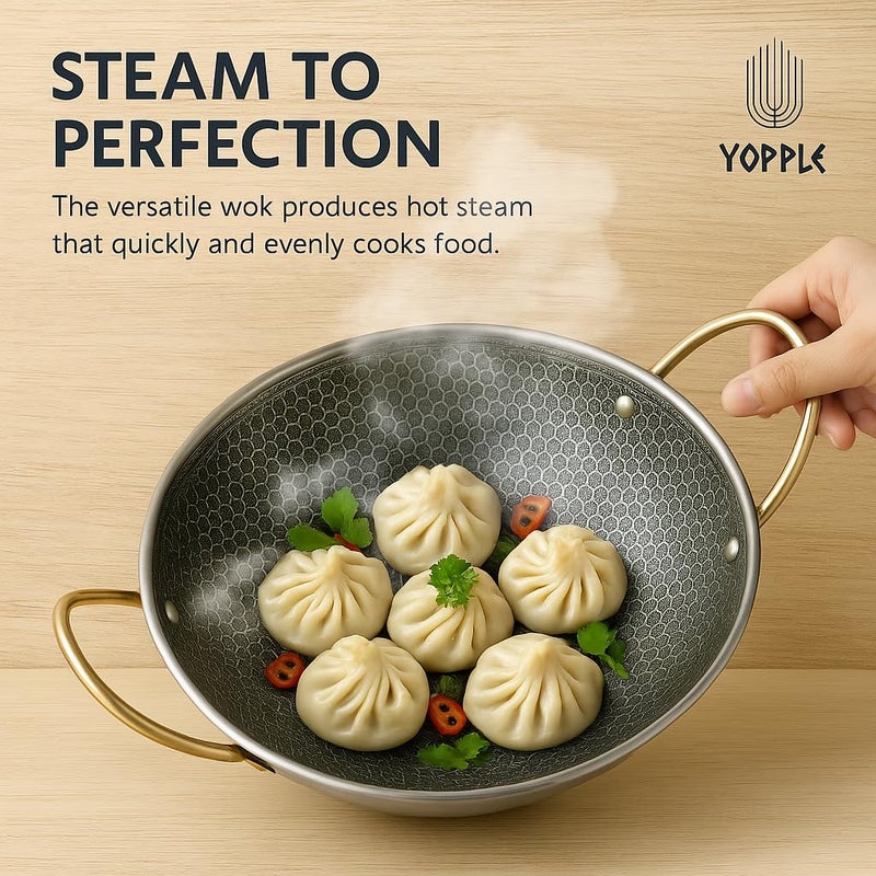 Yopple Non-Stick Stainless Steel Wok Pot, 10-Inch Honeycomb Cooking Pan with Lid & Double Handles, Round Bottom Stewpot for BBQ, Frying, Ramen, Stews & Outdoor Cooking (2L) - Image 4