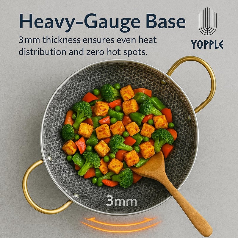 Yopple Non-Stick Stainless Steel Wok Pot, 10-Inch Honeycomb Cooking Pan with Lid & Double Handles, Round Bottom Stewpot for BBQ, Frying, Ramen, Stews & Outdoor Cooking (2L) - Image 3
