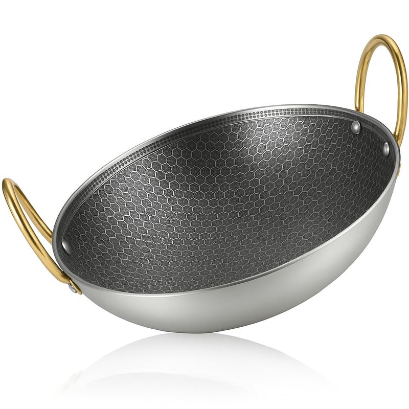 Yopple Non-Stick Stainless Steel Wok Pot, 10-Inch Honeycomb Cooking Pan with Lid & Double Handles, Round Bottom Stewpot for BBQ, Frying, Ramen, Stews & Outdoor Cooking (2L) - Image 1