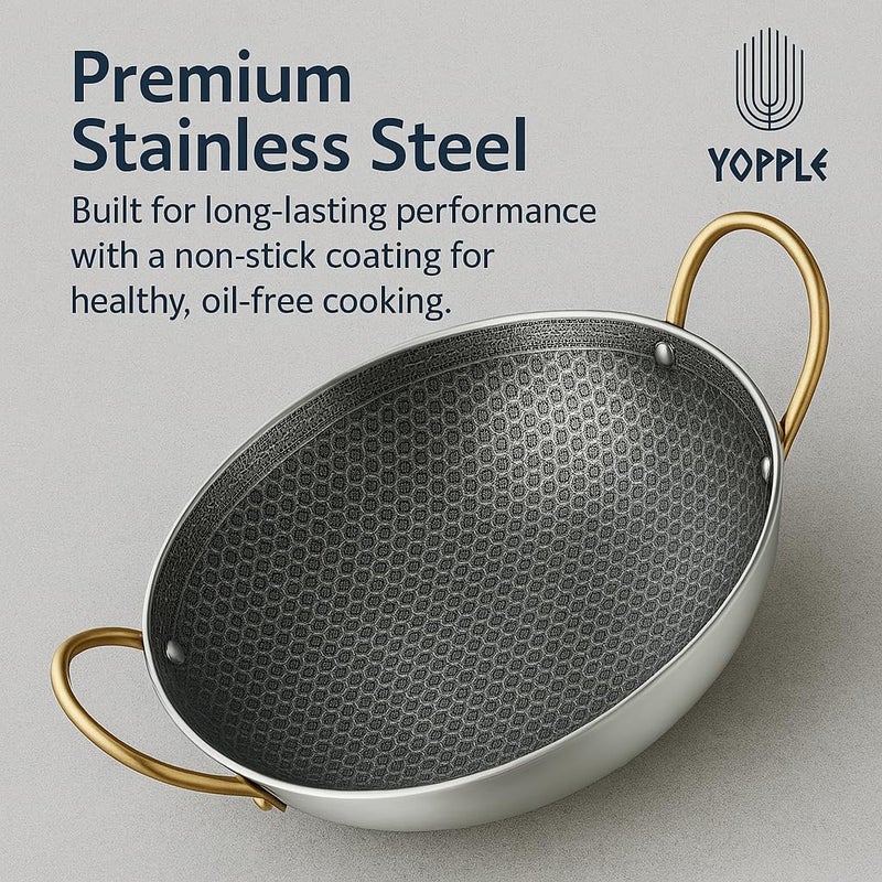 Yopple Non-Stick Stainless Steel Wok Pot, 10-Inch Honeycomb Cooking Pan with Lid & Double Handles, Round Bottom Stewpot for BBQ, Frying, Ramen, Stews & Outdoor Cooking (2L) - Image 2