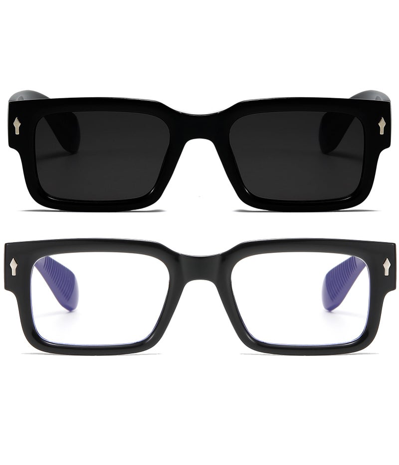 EYLRIM Square Frame Sunglasses for Women Men Trendy Chunky Rectangle Sun Glasses Black Shades UV400 Protection(2 Pack (Black/Grey+Transparent Tea Leopard Leg/Tea)) - Image 2