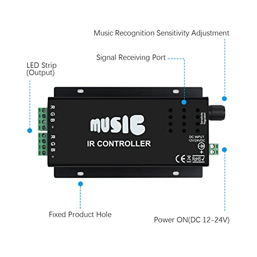 RGBZONE RGB 4-PIN LED Controller, DC12-24V LED Light Strips Controller, 24-Keys IR Wireles Remote Control, Music Sync for 5050 3528 RGB LED Strip Light - Image 4