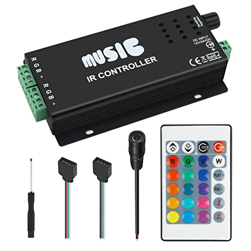RGBZONE RGB 4-PIN LED Controller, DC12-24V LED Light Strips Controller, 24-Keys IR Wireles Remote Control, Music Sync for 5050 3528 RGB LED Strip Light - Image 1